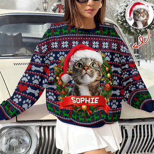 Custom Cat Photo With Christmas Wreath Ugly Sweater TH10 896275