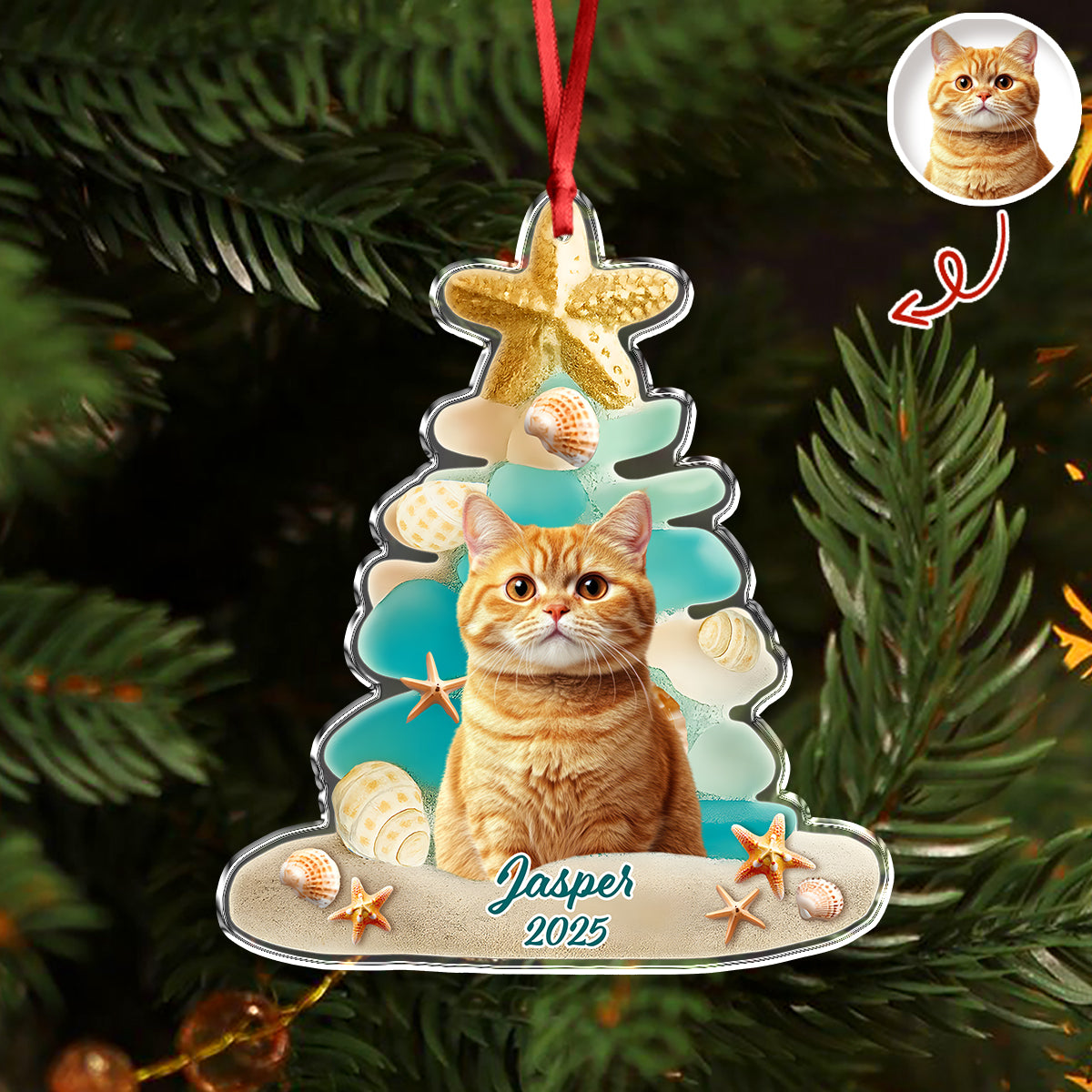 Custom Cute Cat Photo Sea Glass Christmas Acrylic Ornament For Cat Lovers LM32 895999