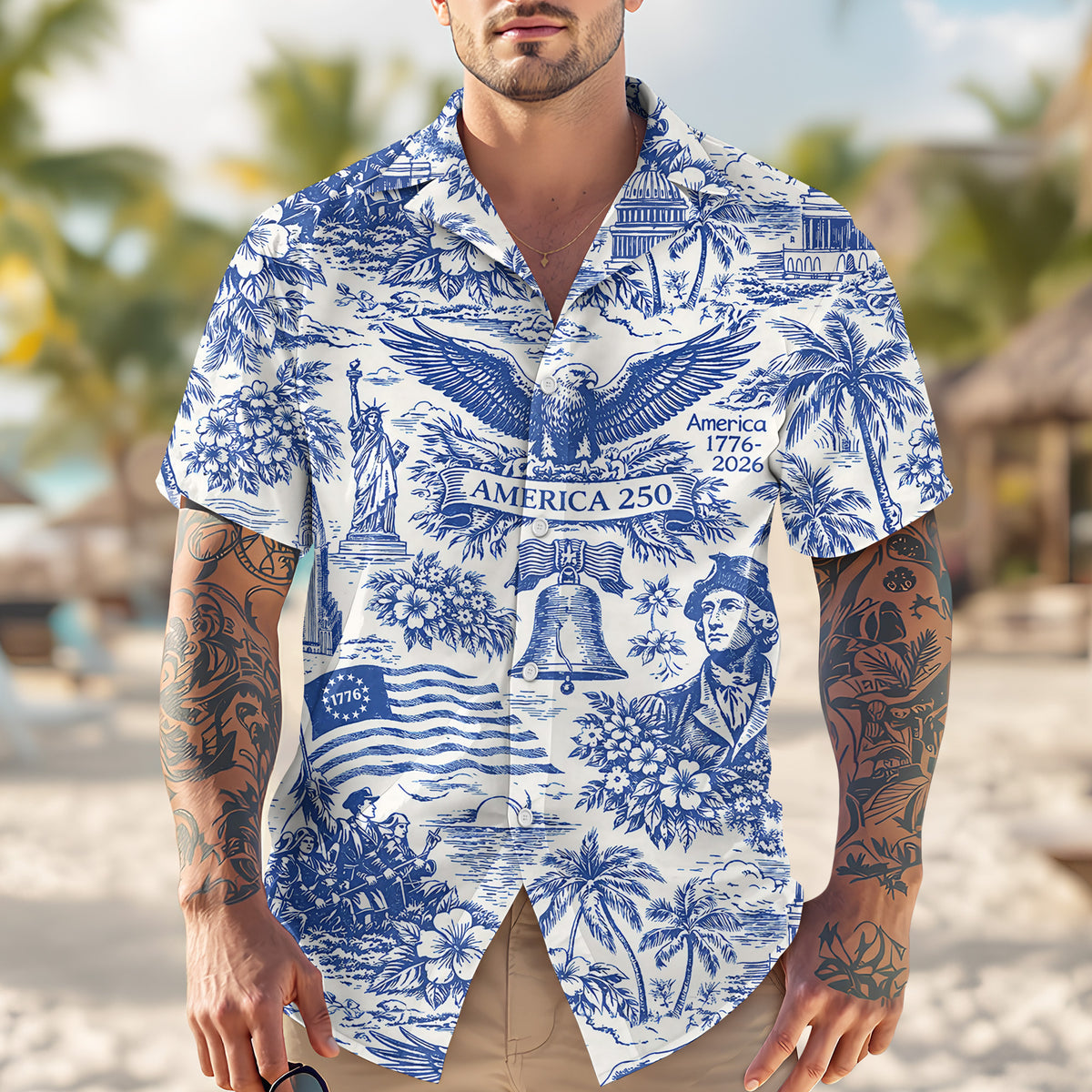 America 250th Anniversary Toile De Jouy Style Patriotic Hawaii Shirt CH07 910402