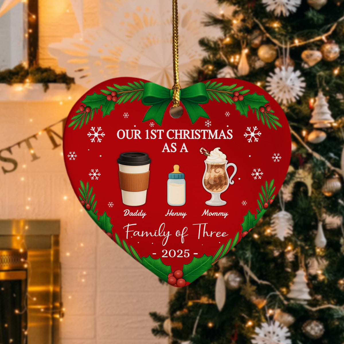 Our First Christmas As A Family Personalized Christmas Heart Shaped Ceramic Ornament HA75 897802