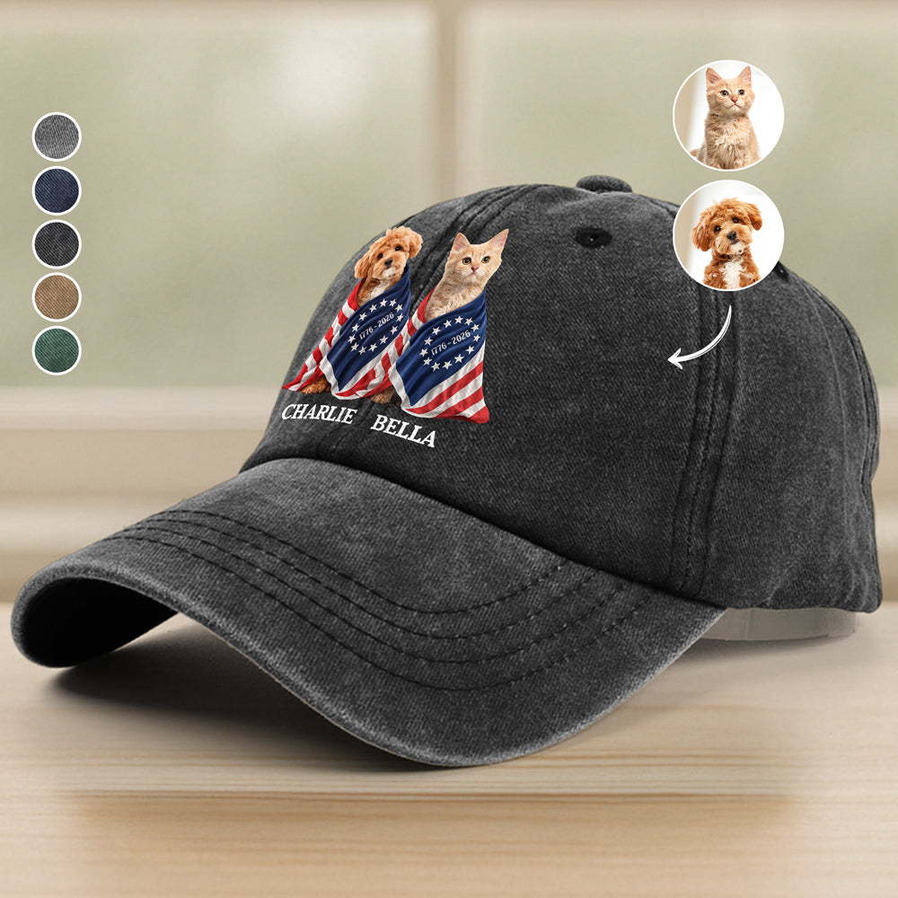 Custom Photo Dog Cat With US 250 Washed Denim Baseball Cap HO82 901260