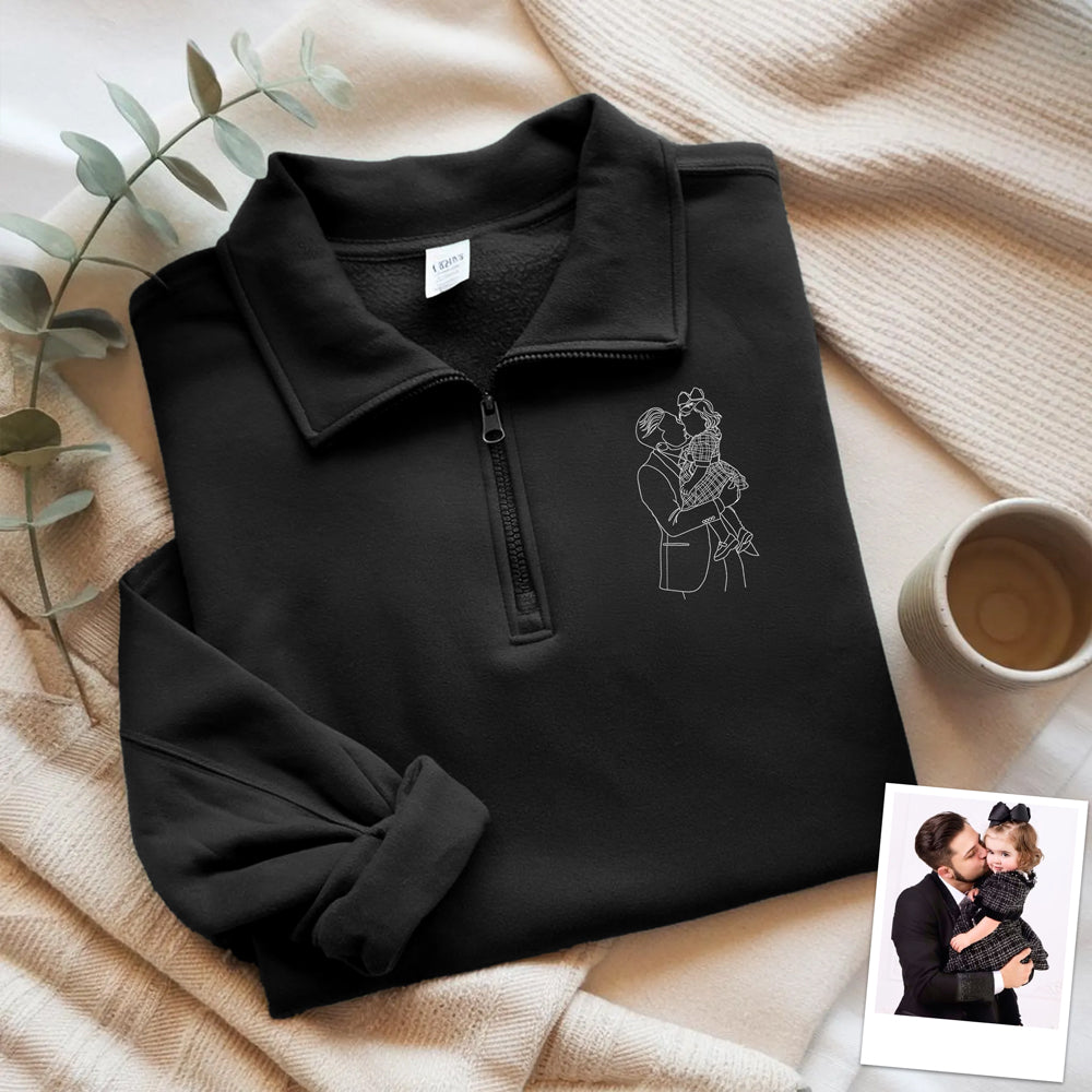 Custom Dad And Kids Portrait Photo Drawing Style Family Embroidered Quarter Zip Sweatshirt, Gifts for Dad, Birthday, Father's Day HO82 900772