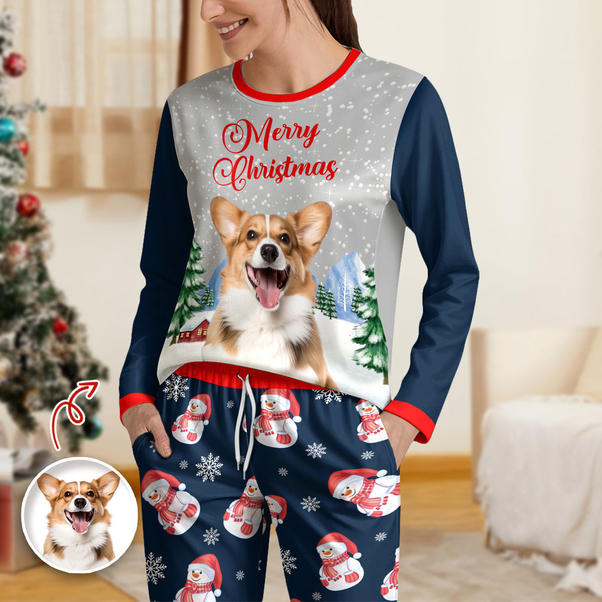 Custom Dog Cat Photo With Snowman Pattern Sleepwear, Christmas Gift For Pet Lovers HO82 894994