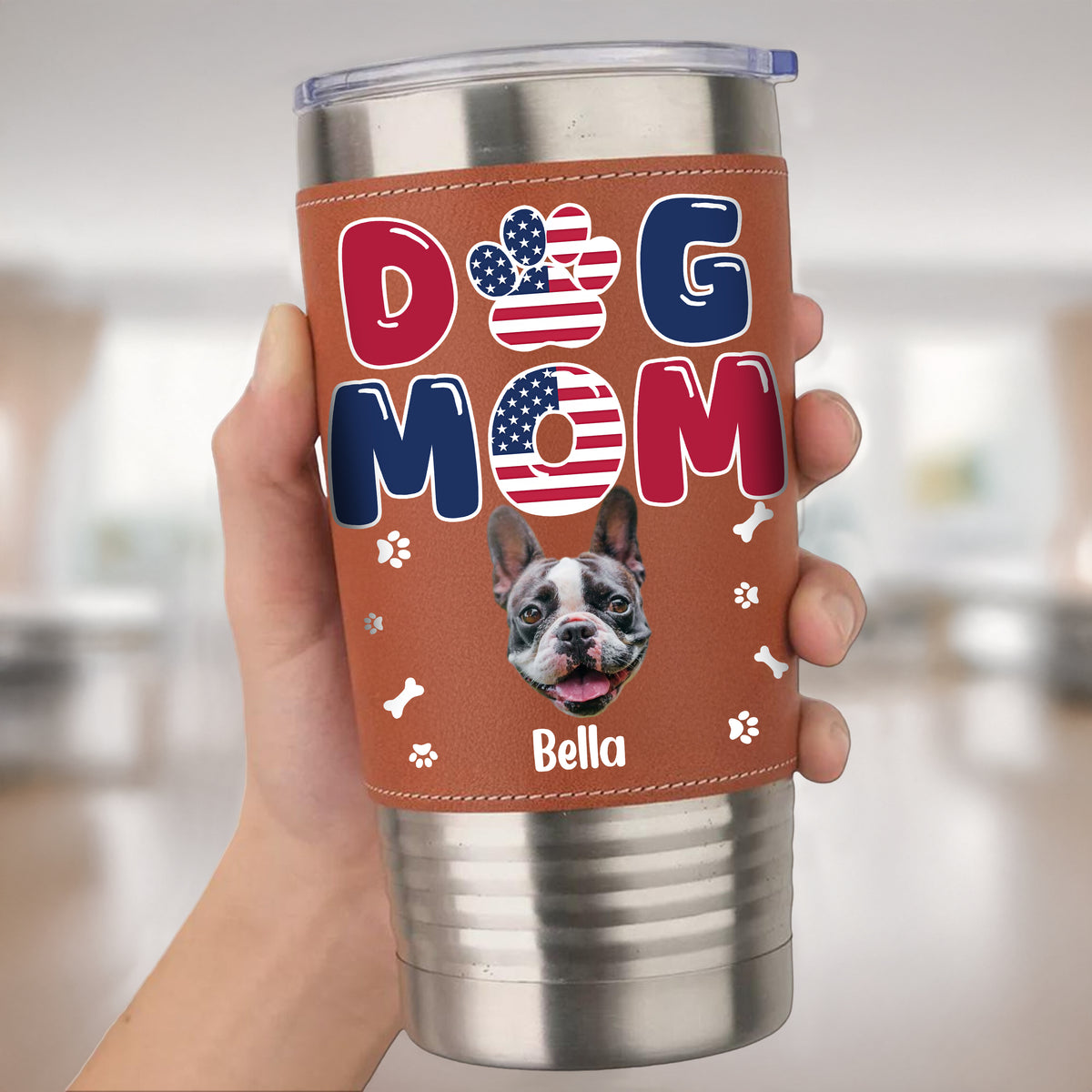 Custom Dog Photo Dog Dad America Flag Style Leather Tumbler LM32 893701