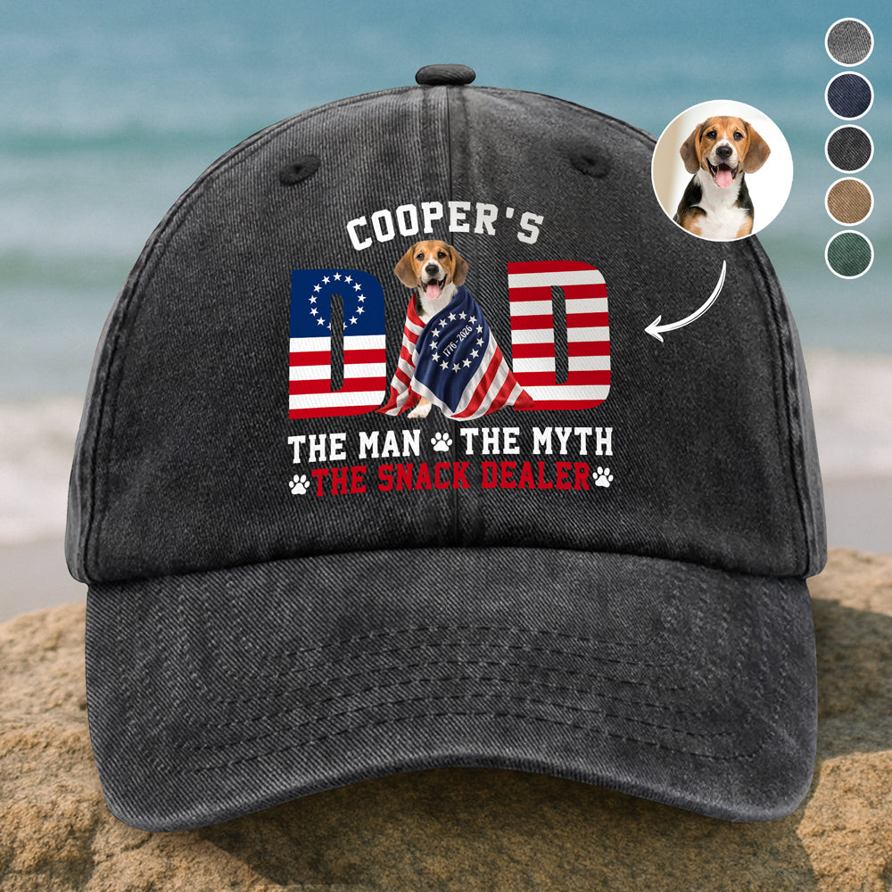 Custom Photo Dog - Dog's Dad The Man The Myth The Dealer American Flag Washed Denim Baseball Cap HO82 901264