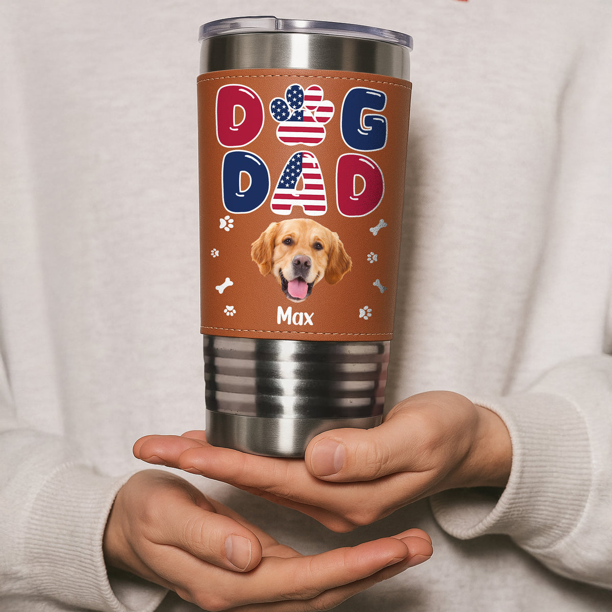Custom Dog Photo Dog Dad America Flag Style Leather Tumbler LM32 893701
