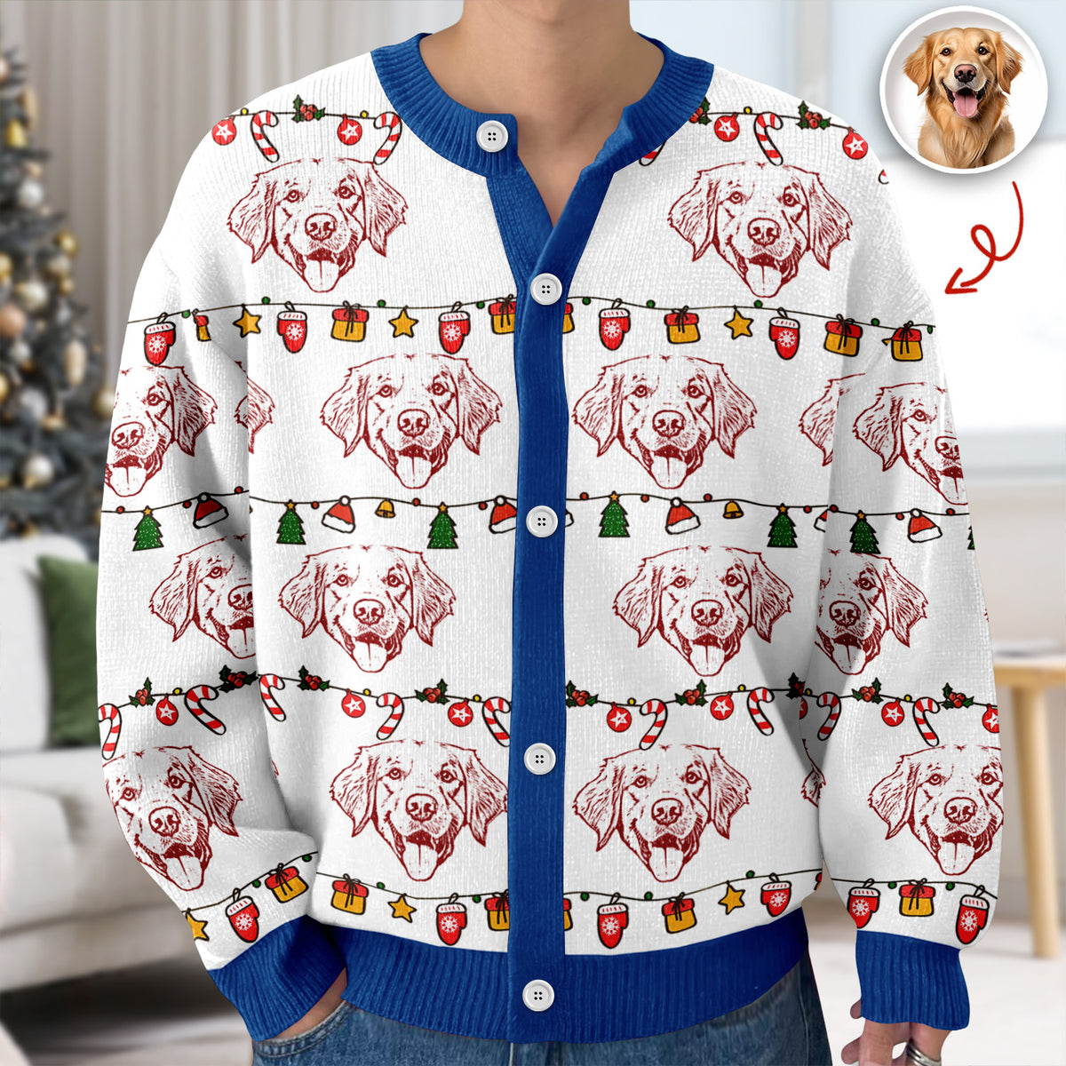 Custom Pet Photo Pencil Drawing Christmas Ugly Cardigan For Pet Lovers LM32 897133