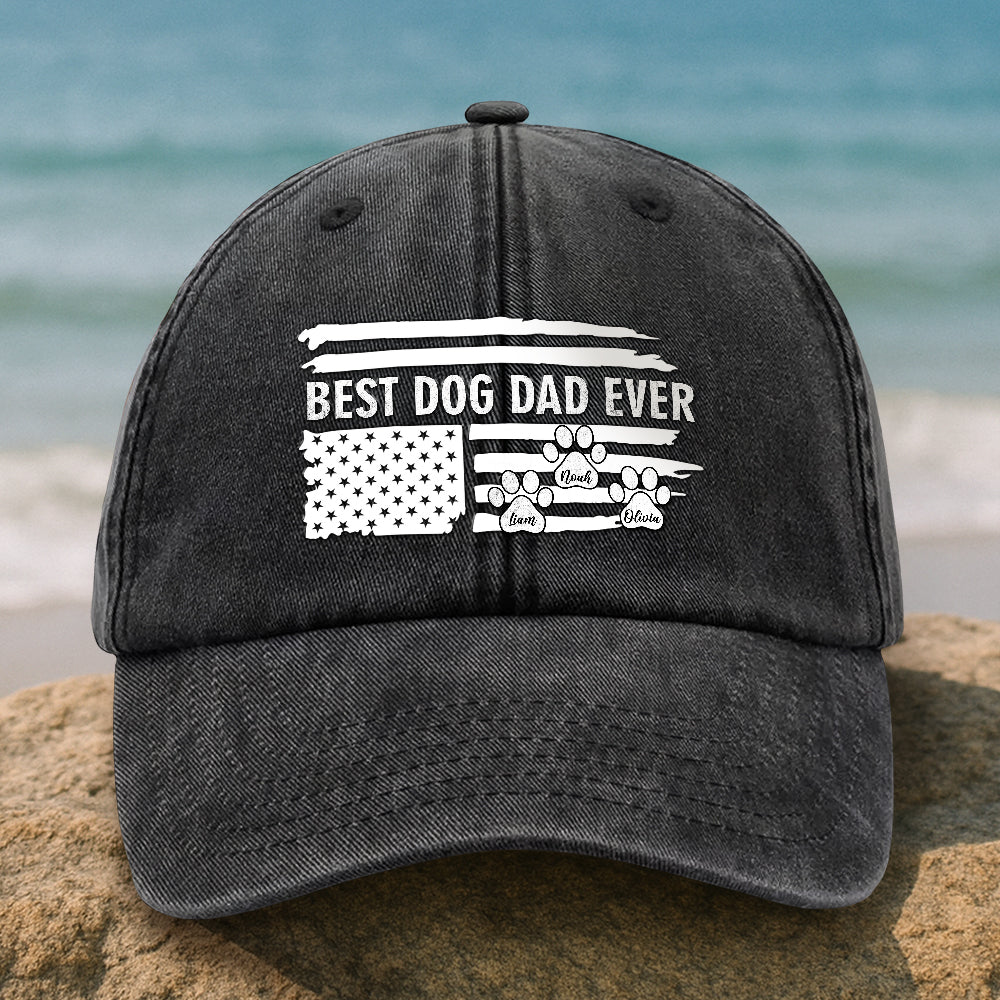 Best Dog Dad Ever Paw American Flag Washed Denim Baseball Cap CH07 895934