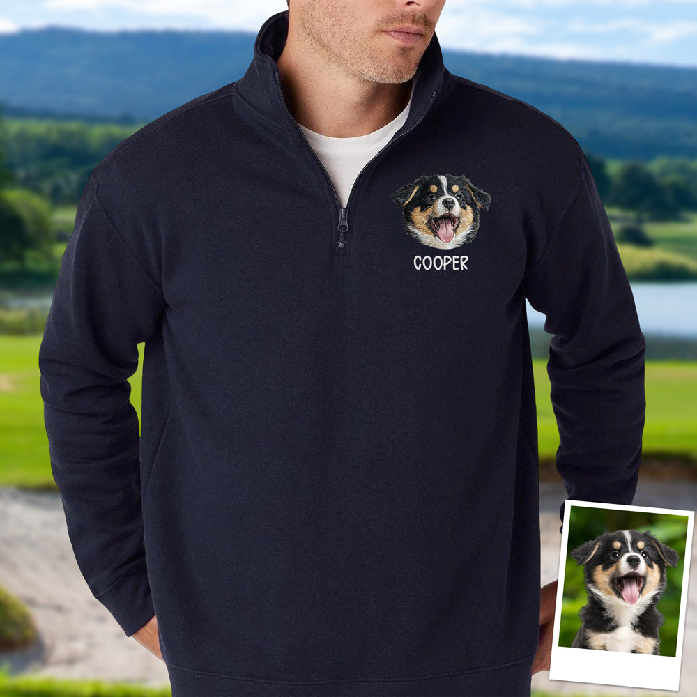 Custom Pet Photo Embroidered Quarter Zip Sweatshirt, Gifts for Pet Lovers, Golf Lovers, Funny Gift HO82 900770