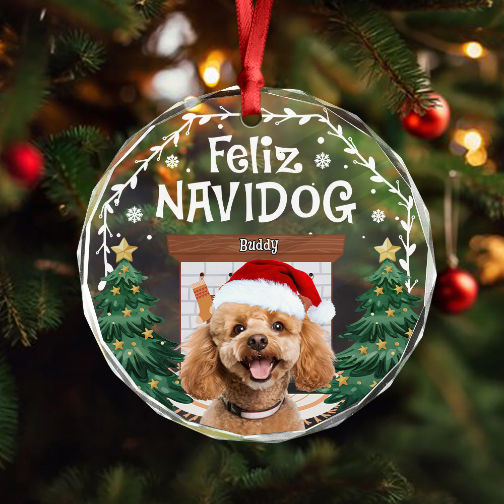 Custom Photo Cozy Room Feliz Navidog - Personalized Circle Glass Ornament LM32 895759