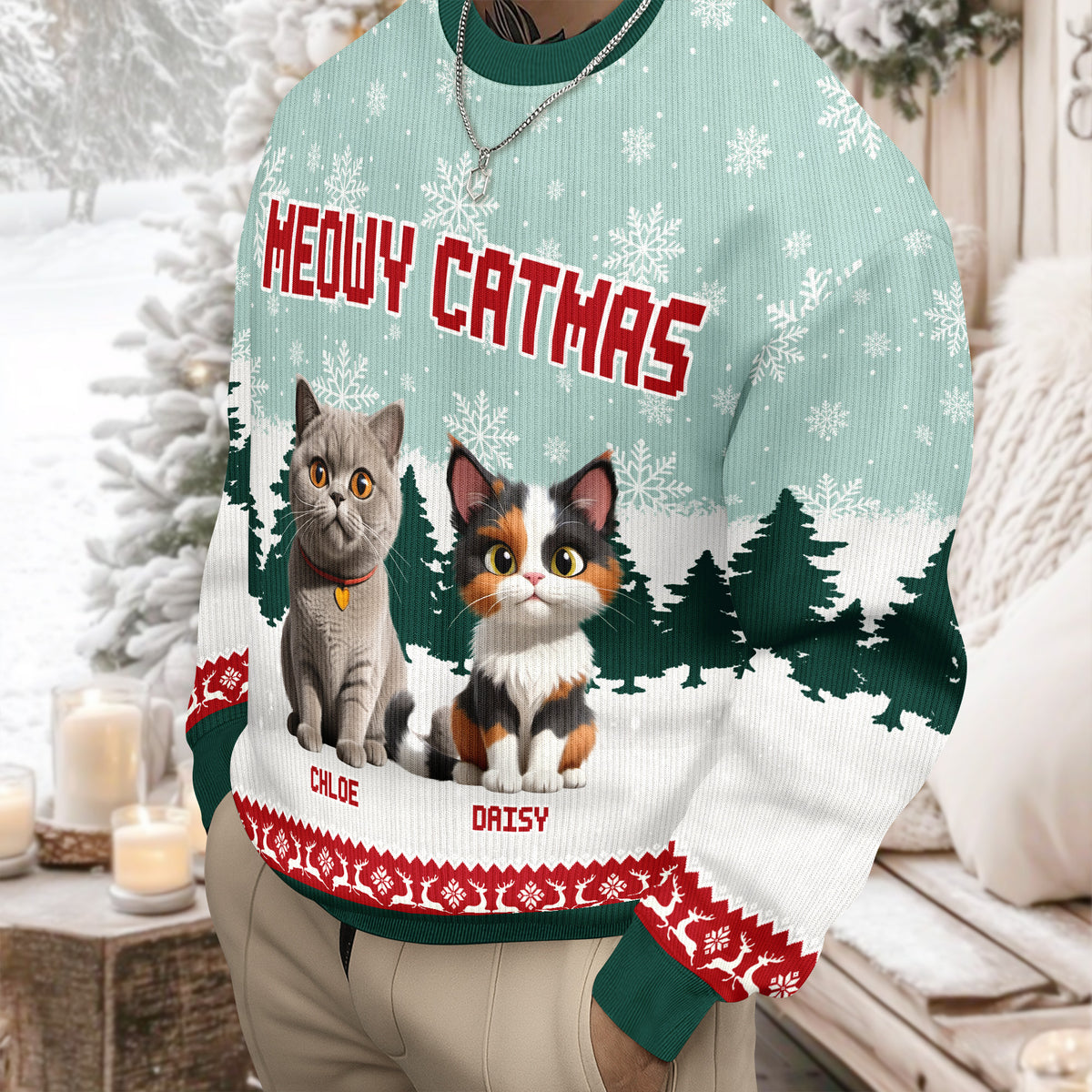 Personalized 3D Cute Cat Meowy Christmas Ugly Sweater For Cat Lovers LM32 895995