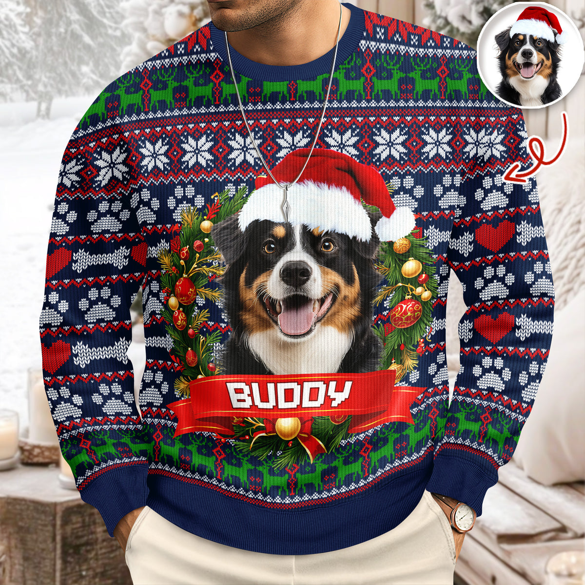 Custom Dog Photo With Christmas Wreath Ugly Sweater TH10 896273