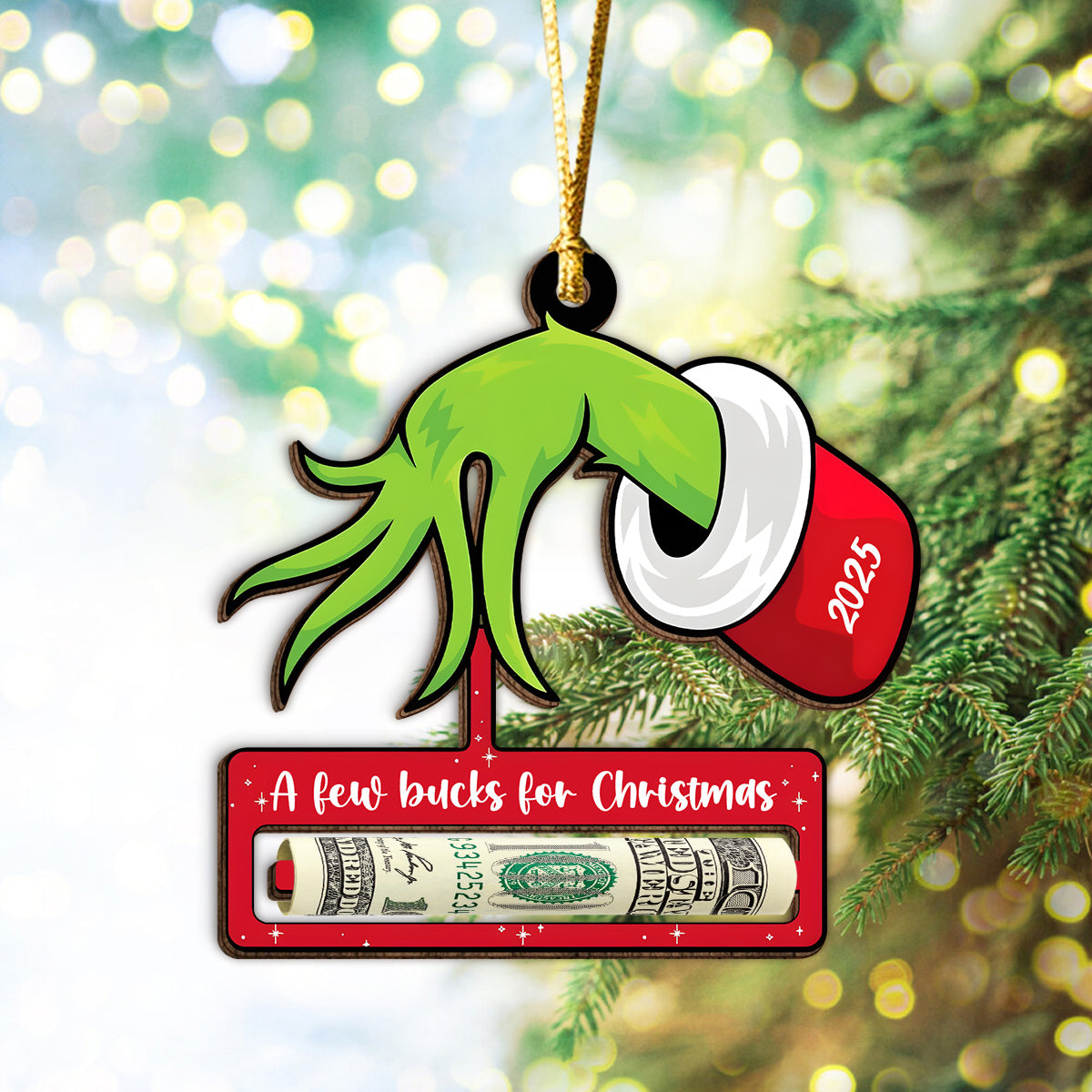 A Few Bucks for Christmas Grinchy Wood Money Holder Ornament LM32 897399