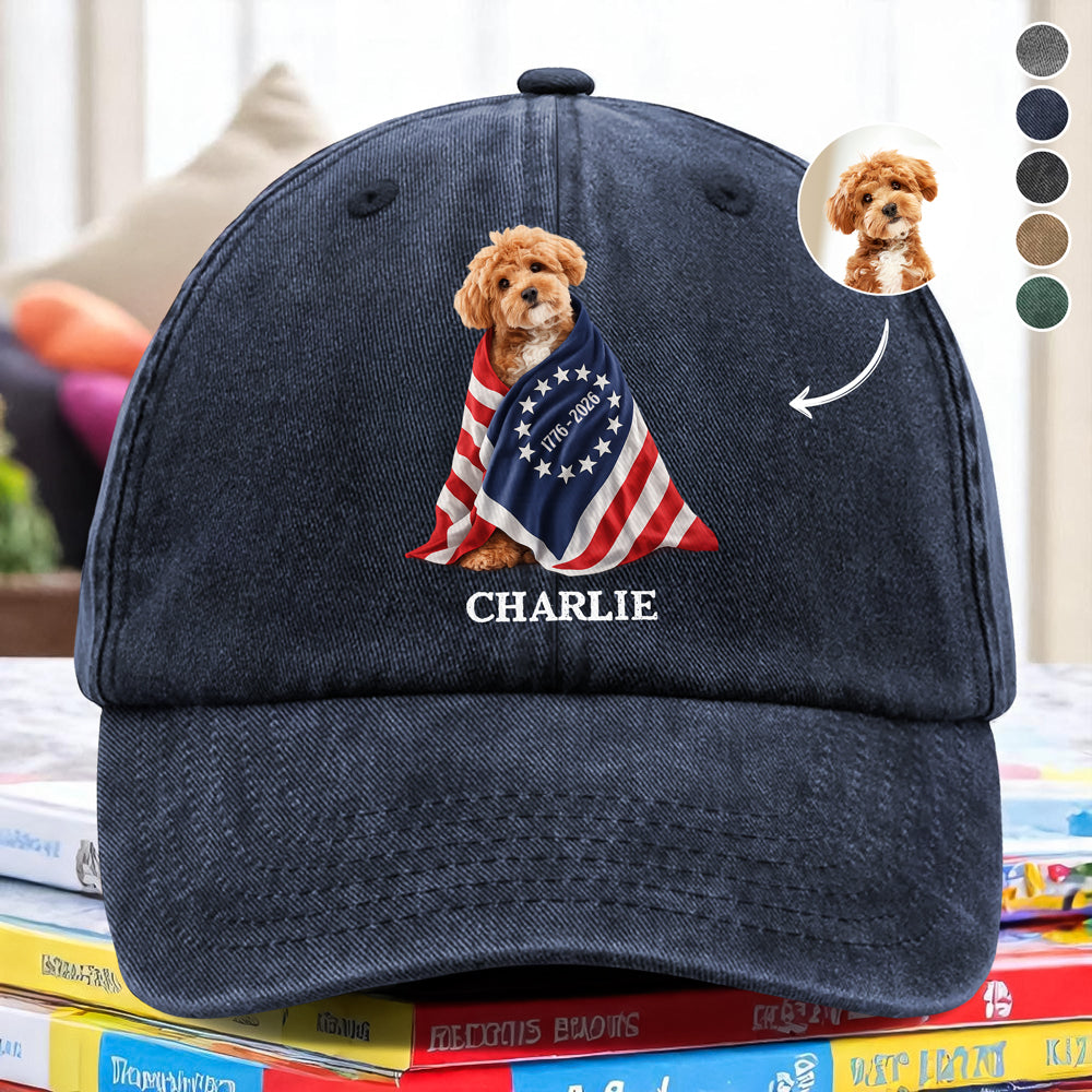 Custom Photo Dog Cat With US 250 Washed Denim Baseball Cap HO82 901260