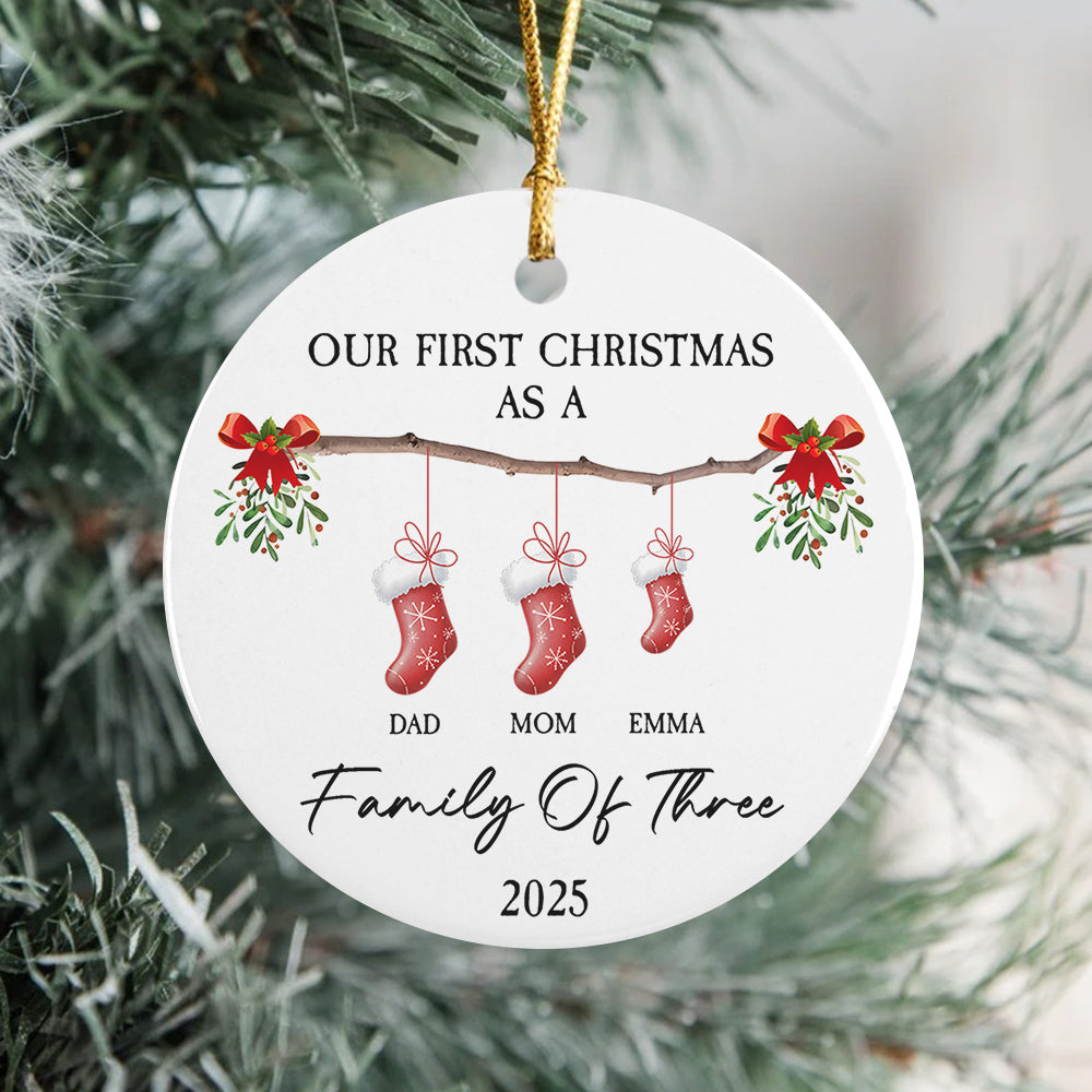 Our First Christmas As A Stocking Family Of Three Ceramic Ornament LM32 893999