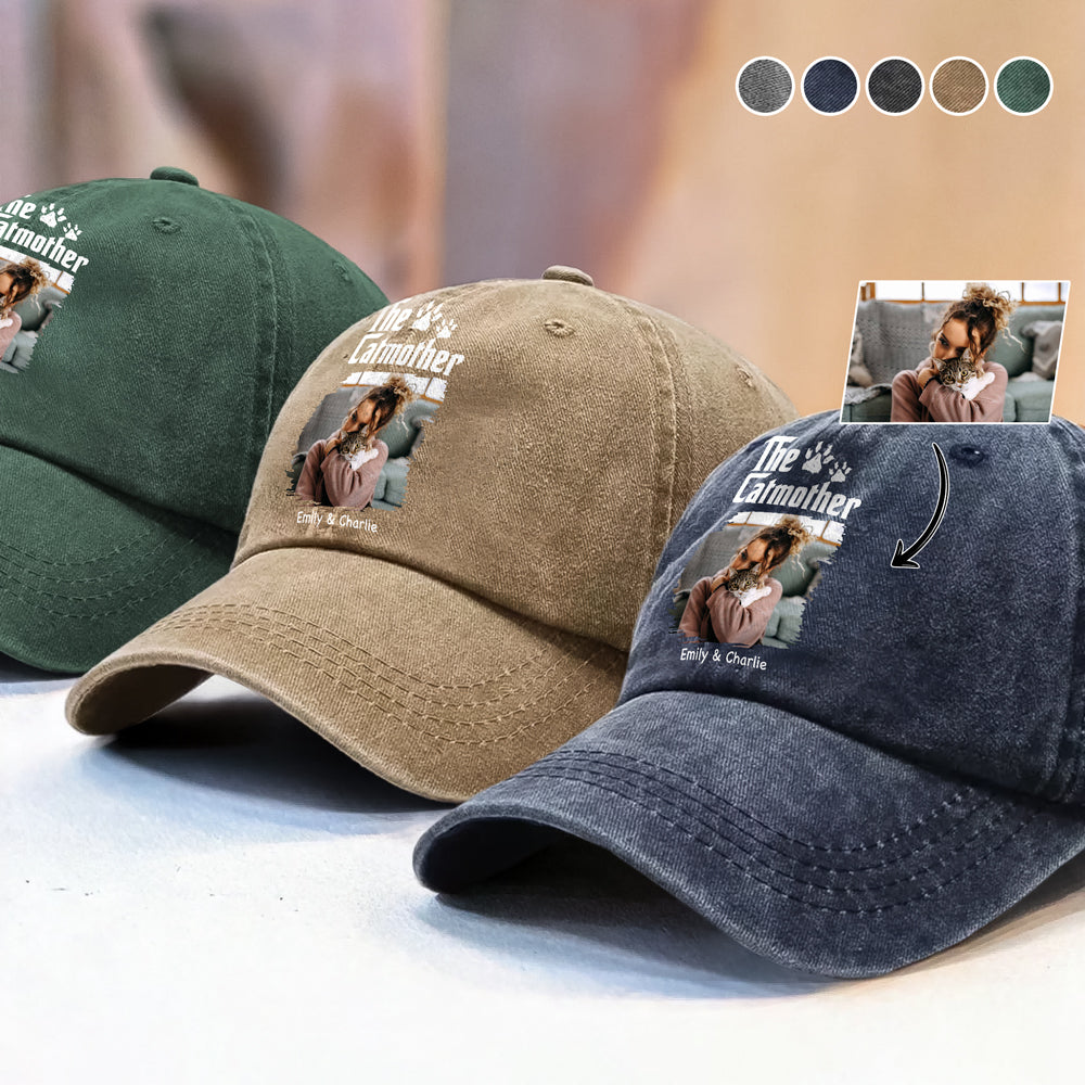 Custom Photo Cat Mother Father Washed Denim Baseball Cap HA75 897698