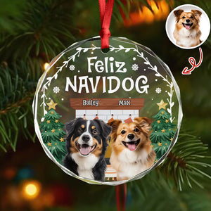 Custom Photo Cozy Room Feliz Navidog - Personalized Circle Glass Ornament LM32 895759