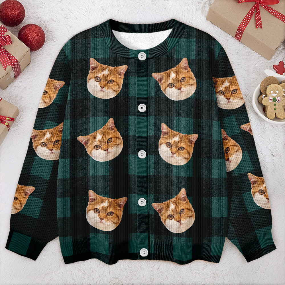 Custom Cat Face Photo With Christmas Pattern Ugly Cardigan CH07 899824