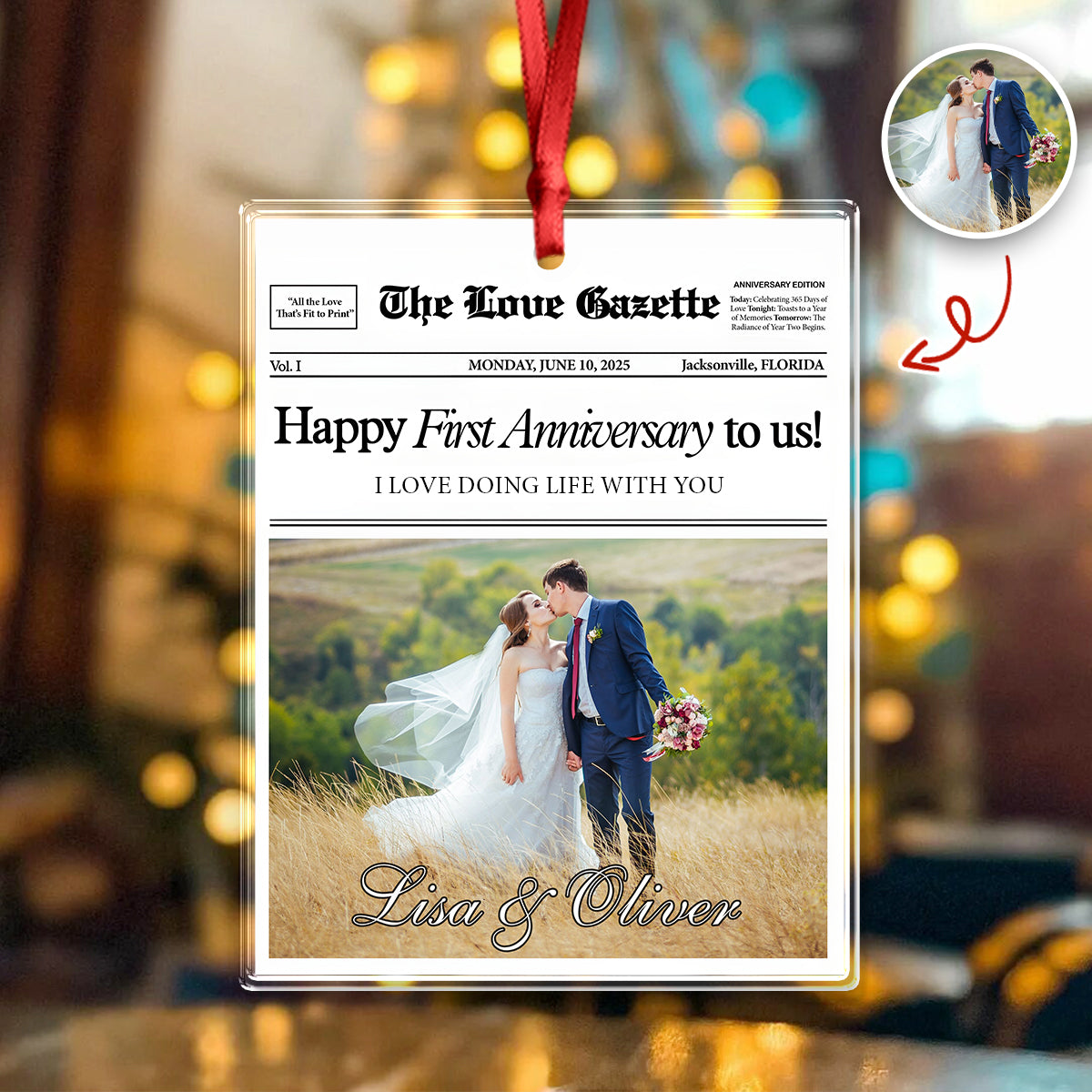 Custom Photo The Love Gazette 1st Anniversary Newspaper Couples Acrylic Ornament HO82 894866
