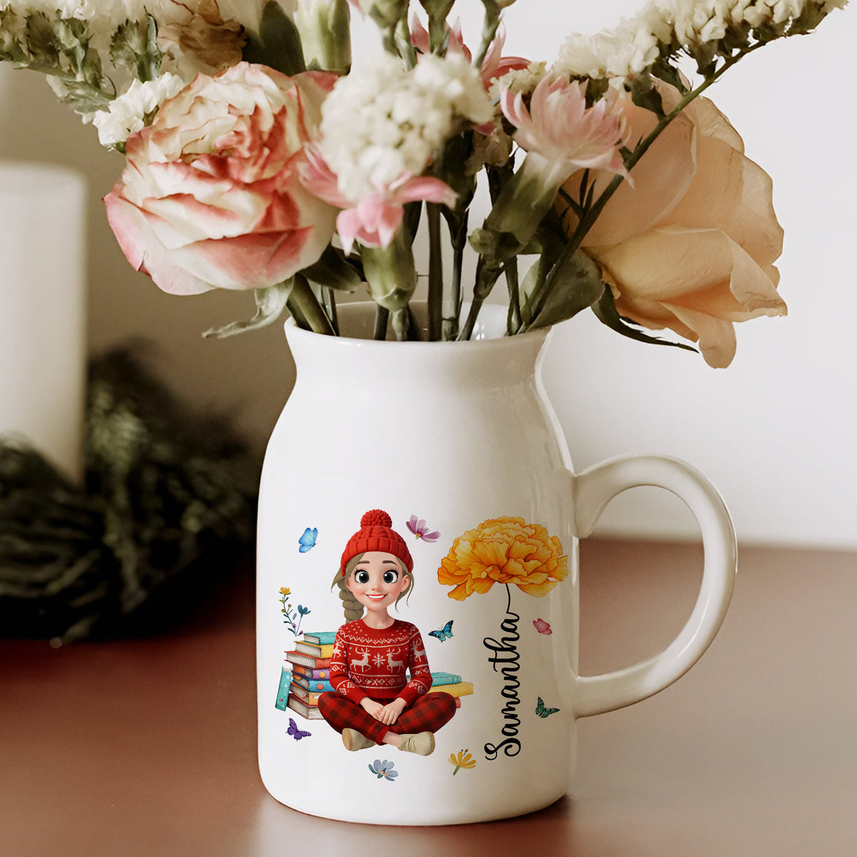 Personalized A Girl With Birth Flower Vase Gift For Book Lovers LM32 895791