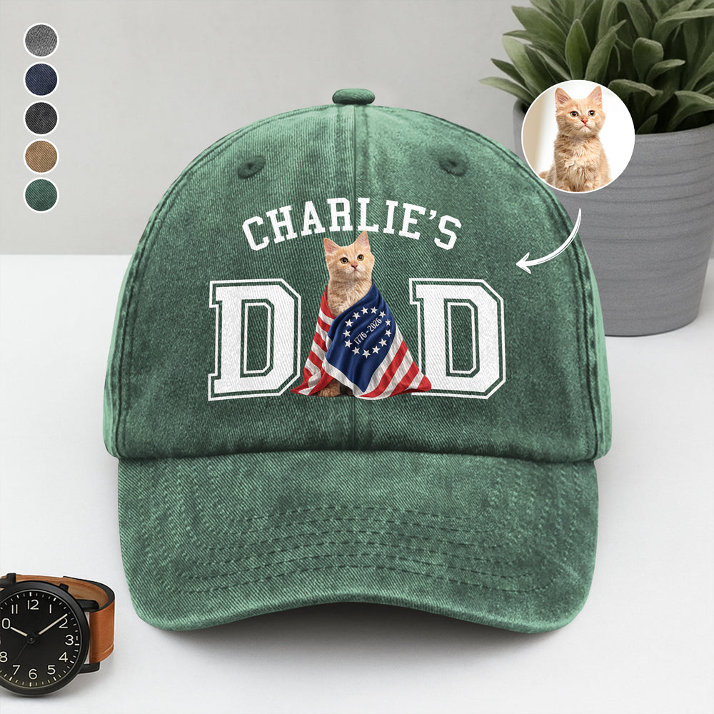 Custom Photo Dog Cat Dad With US 250 Washed Denim Baseball Cap HO82 901268