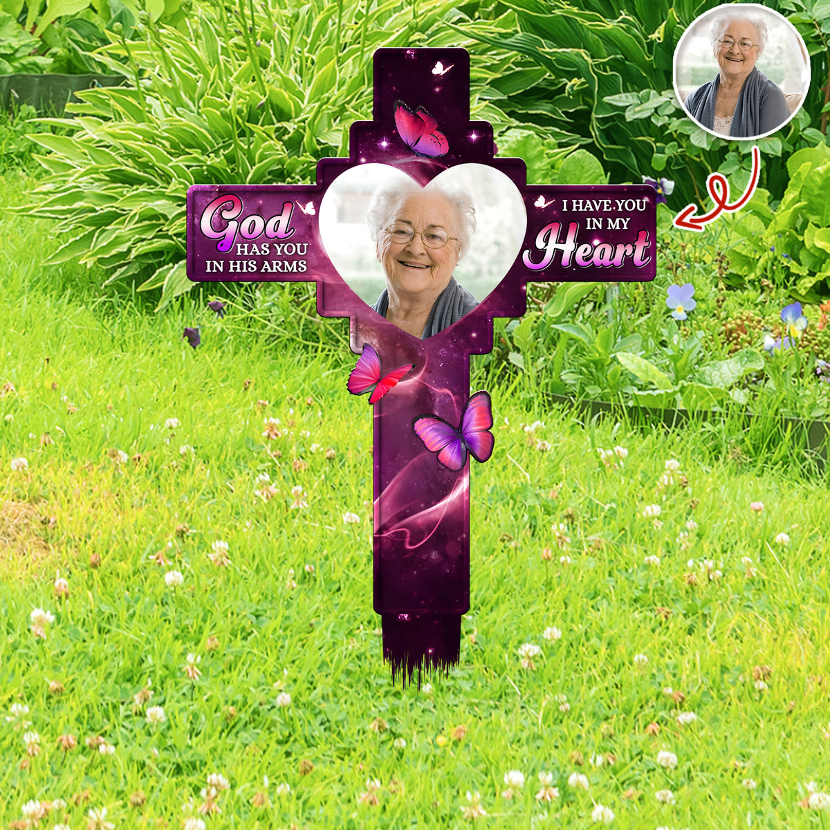 Custom Photo God Has You In His Arms, I Have You In My Heart Memorial Garden Stake HA75 892776