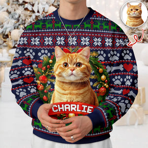 Custom Cat Photo With Christmas Wreath Ugly Sweater TH10 896275
