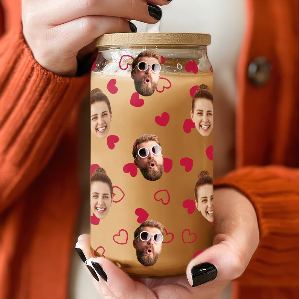 Custom Boyfriend Girlfriend Photo With Heart Glass Can With Lid Valentine's Day TH10 896963