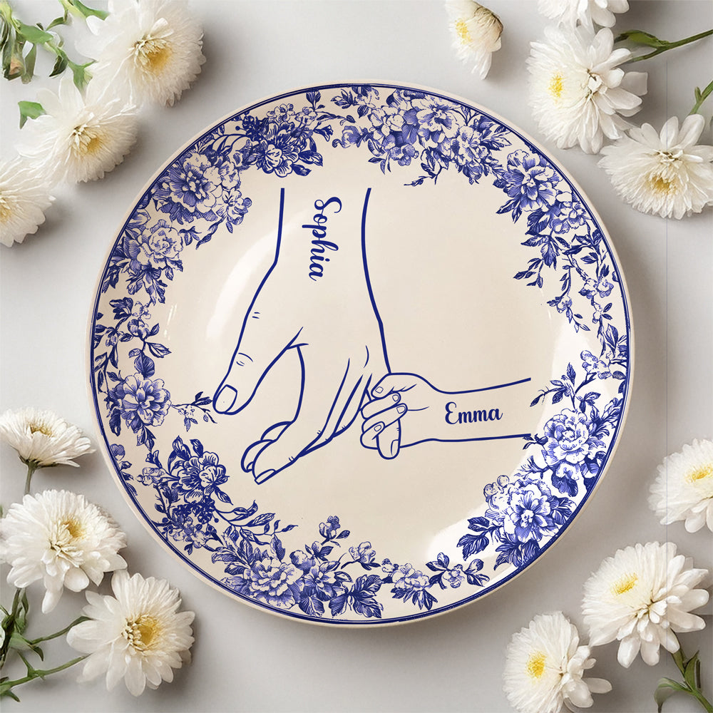 Custom Name Hands in Hands with Mama Chinoiserie Toile De Jouy Style Personalized Ceramic Plate HA75 892654