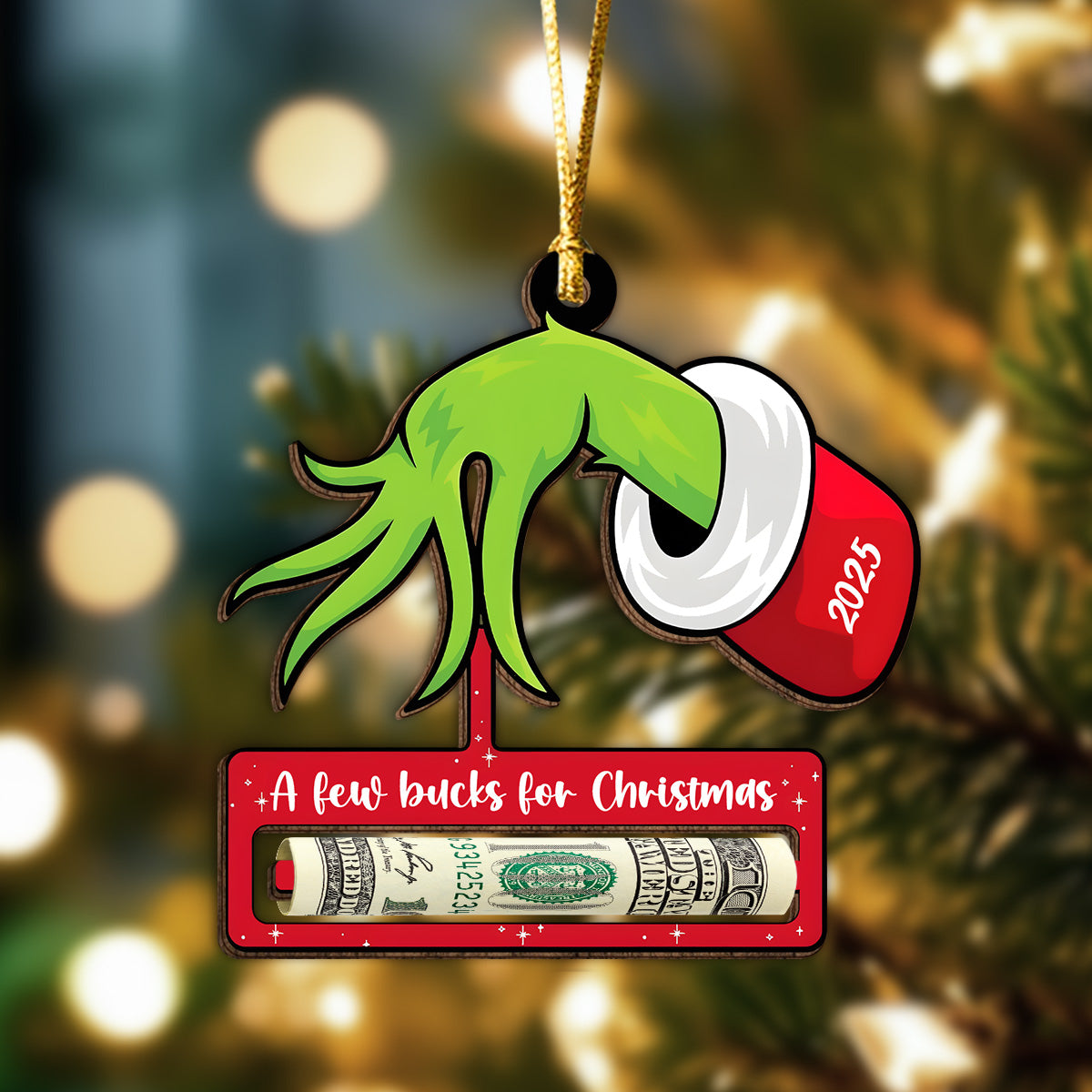 A Few Bucks for Christmas Grinchy Wood Money Holder Ornament LM32 897399