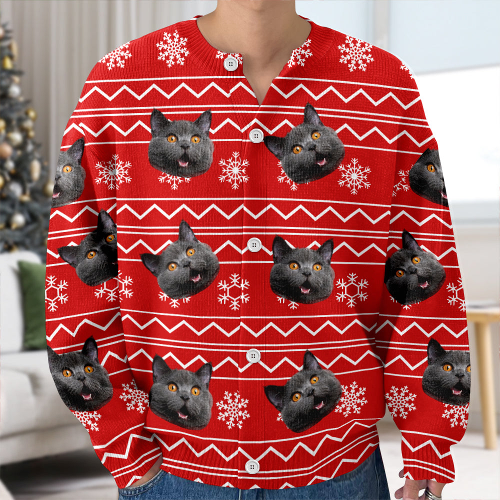 Custom Cat Face Photo With Christmas Pattern Ugly Cardigan CH07 899824
