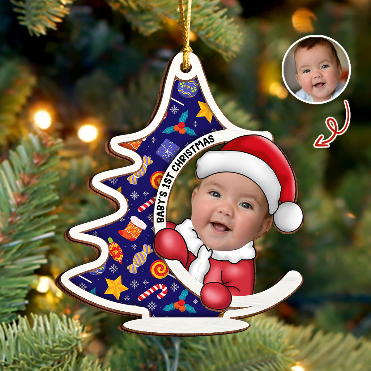 Custom Photo First Christmas Tree Baby Santa - Personalized 2 Layered Wood Ornament CH07 899132