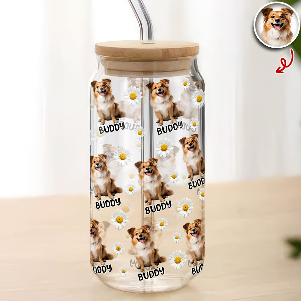 Custom Dog Photo And Name Daisy Glass Can With Lid Gift TH10 896787
