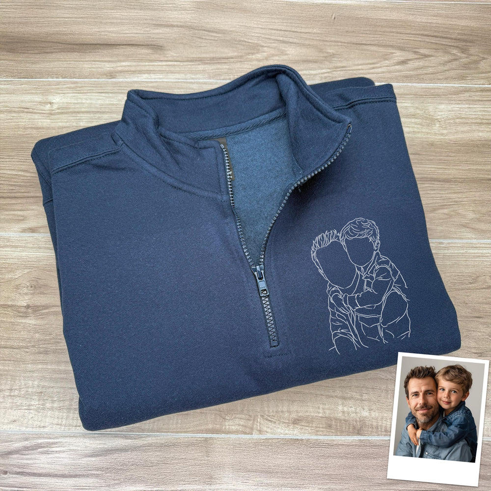 Custom Dad And Kids Portrait Photo Drawing Style Family Embroidered Quarter Zip Sweatshirt, Gifts for Dad, Birthday, Father's Day HO82 900772