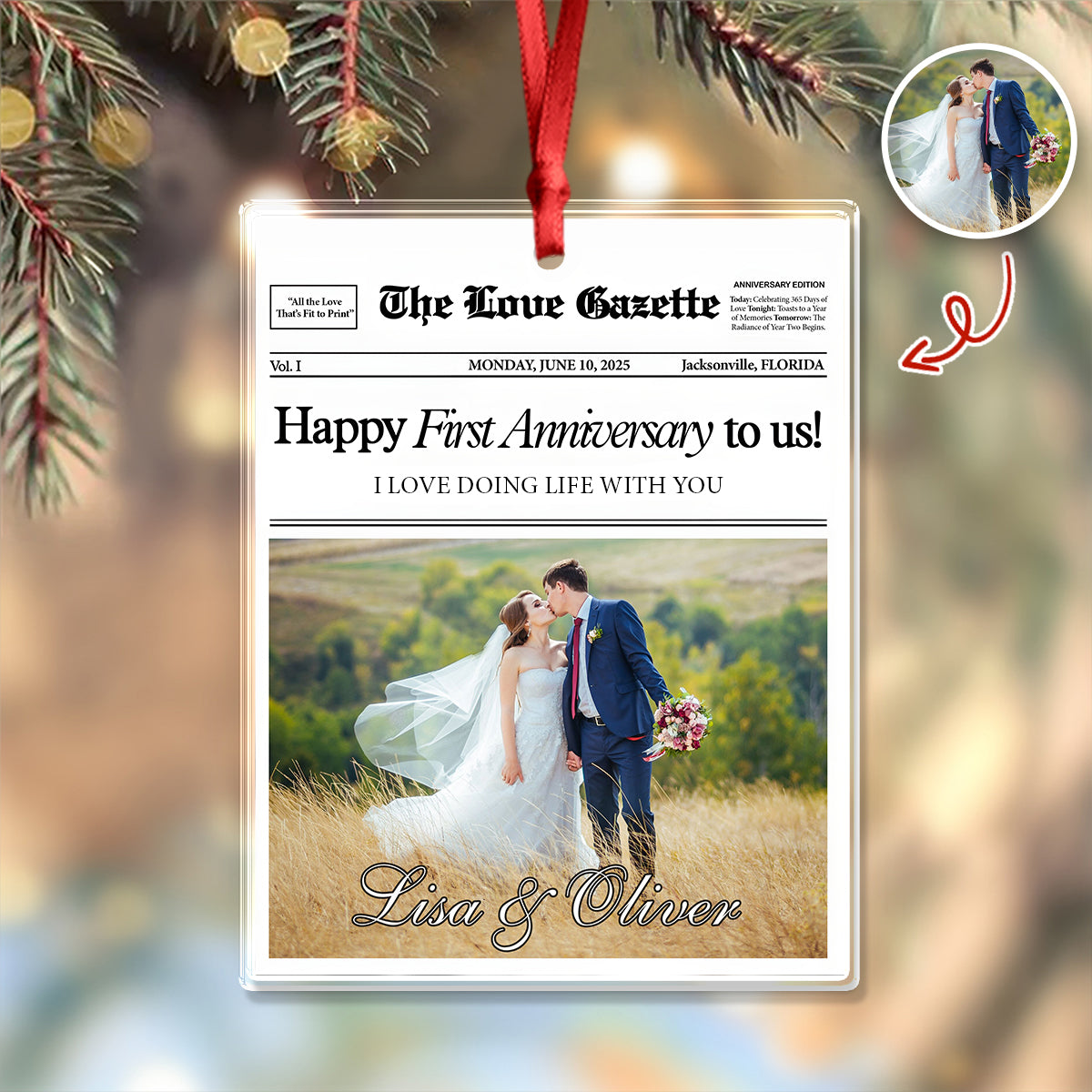 Custom Photo The Love Gazette 1st Anniversary Newspaper Couples Acrylic Ornament HO82 894866