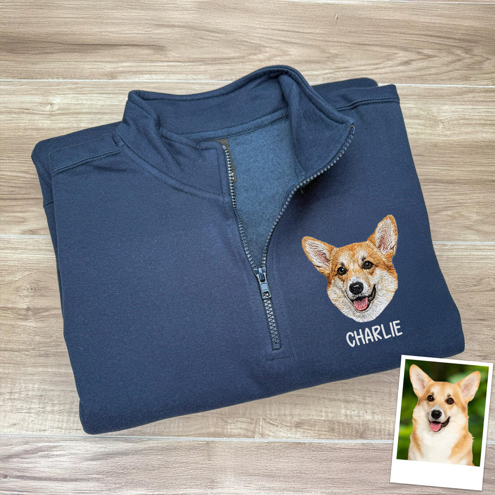 Custom Pet Photo Embroidered Quarter Zip Sweatshirt, Gifts for Pet Lovers, Golf Lovers, Funny Gift HO82 900770