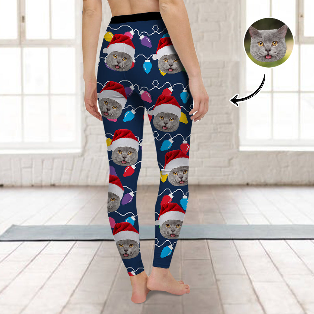 Custom Cat Face Photo With Colorful Christmas Lights Legging HO82 900478