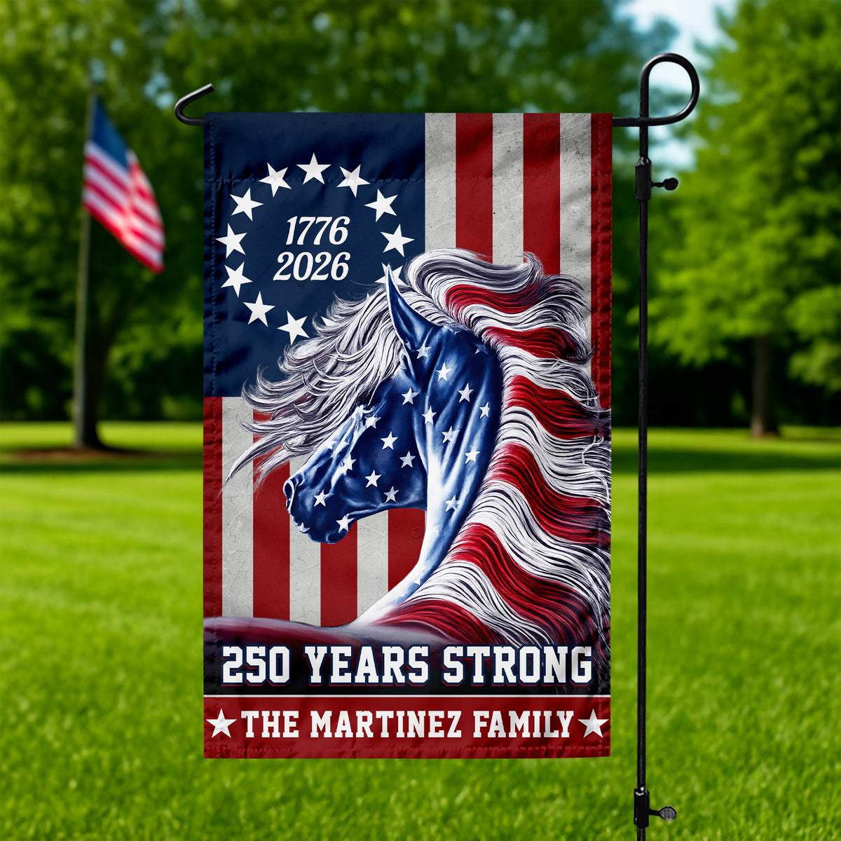 Custom Family Name Patriotic Horse Flag, 250 Years Strong Patriotic Garden Flag HA75 920128
