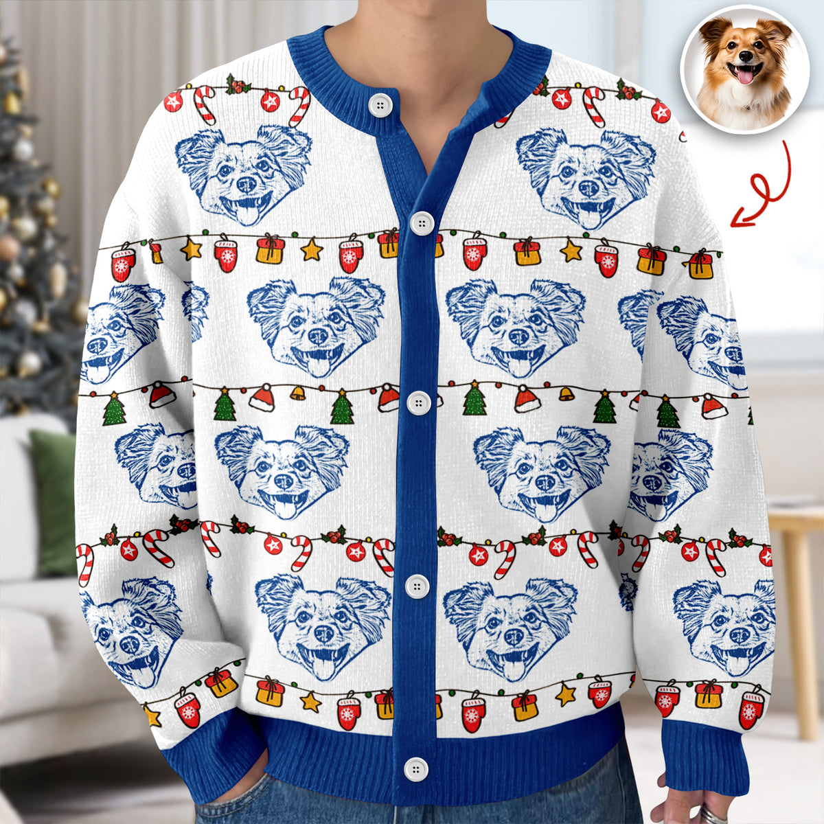 Custom Pet Photo Pencil Drawing Christmas Ugly Cardigan For Pet Lovers LM32 897133