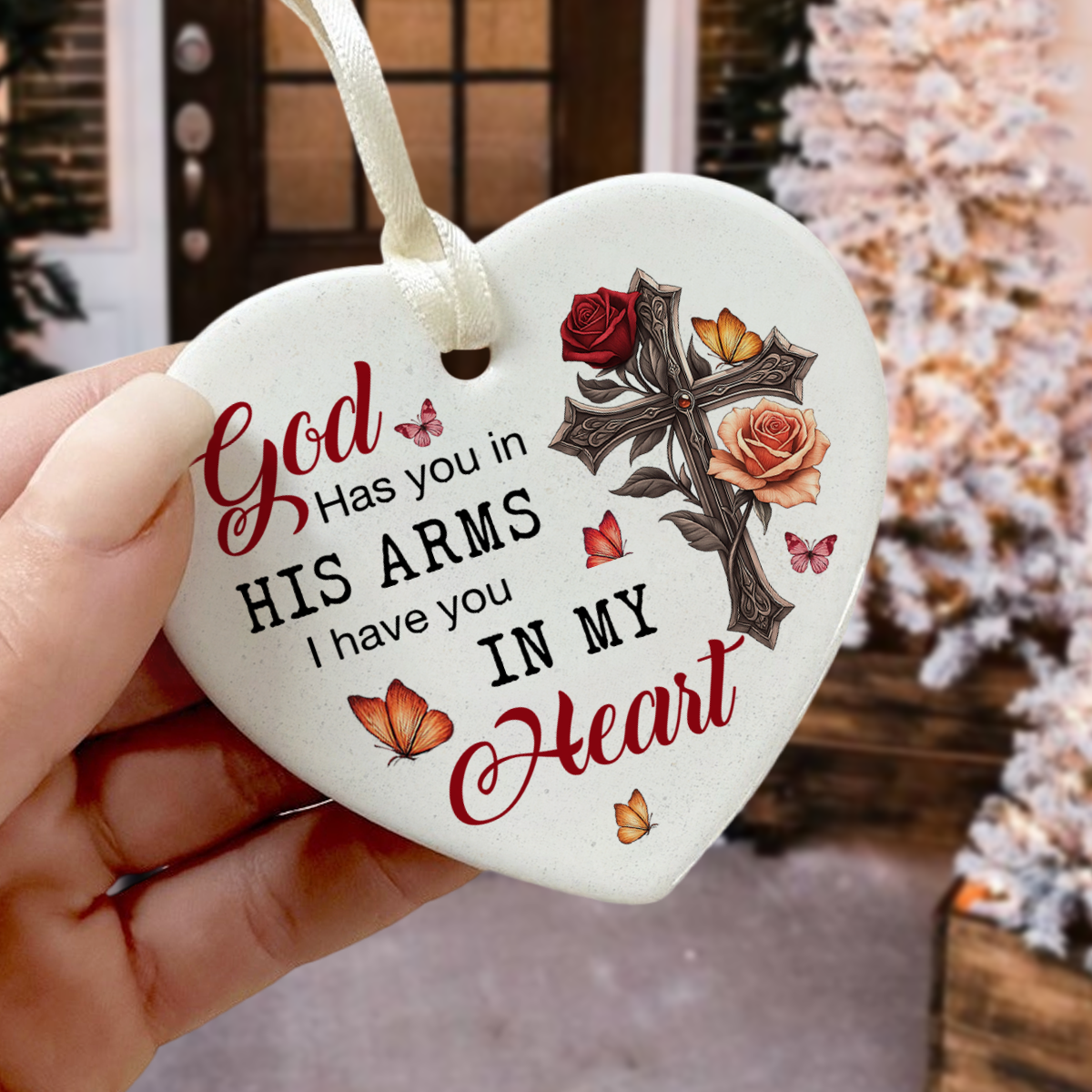 Custom Photo Safe In The Arms Of Jesus Memorial Heart Shaped Ceramic Ornament LM32 893825