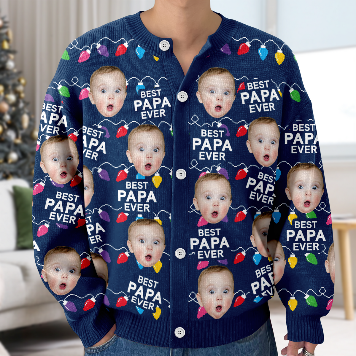 Custom Funny Kids Photo Best Mommy Daddy Ever Christmas Light Cardigan CH07 899838
