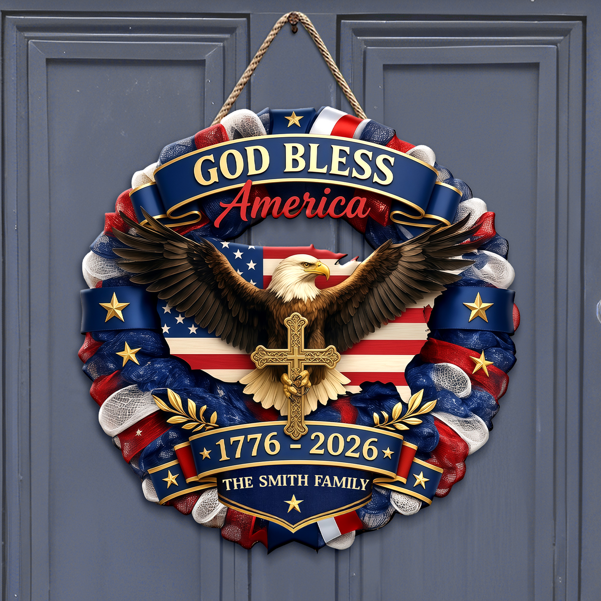 Custom Family Name Patriotic 250th Anniversary God Bless America Eagle 1776–2026 Door Sign HA75 920758