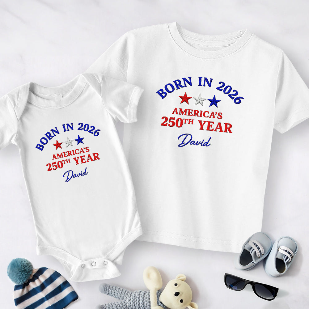 Custom Name Born in 2026 America’s 1776-2026 250th Year Embroidered Effect Baby Onesie LM32 669207