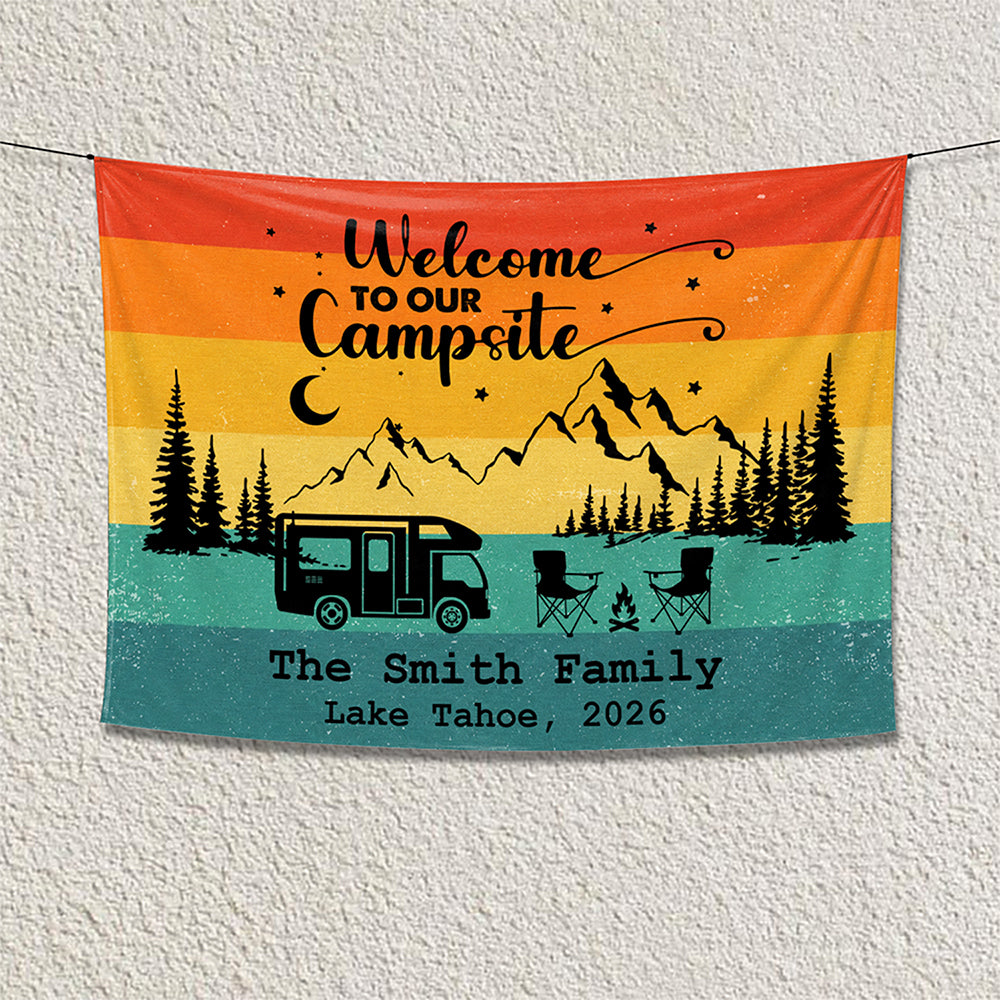 Personalized Retro Sunset Welcome To Our Campsite Camping Tapestry HO82 903078