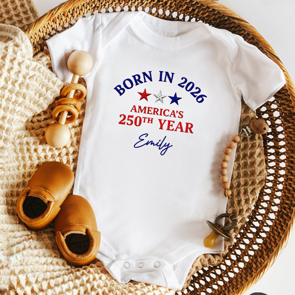 Custom Name Born in 2026 America’s 1776-2026 250th Year Embroidered Effect Baby Onesie LM32 669207