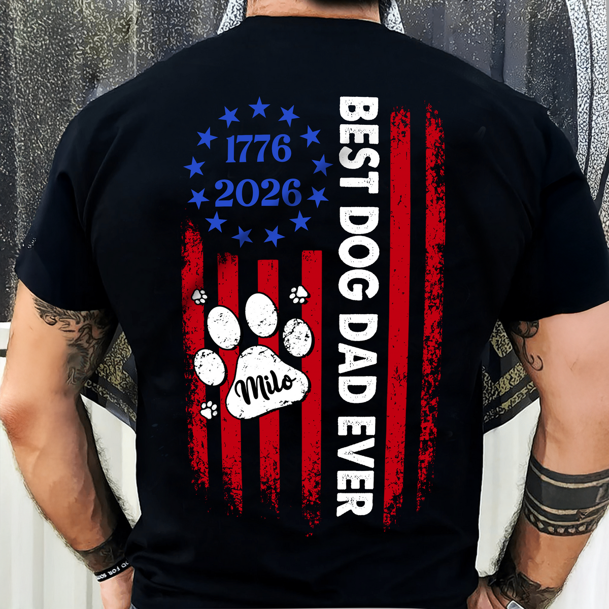 Custom Name Best Dog Dad Ever Paw American Flag Back Shirt LM32 897999