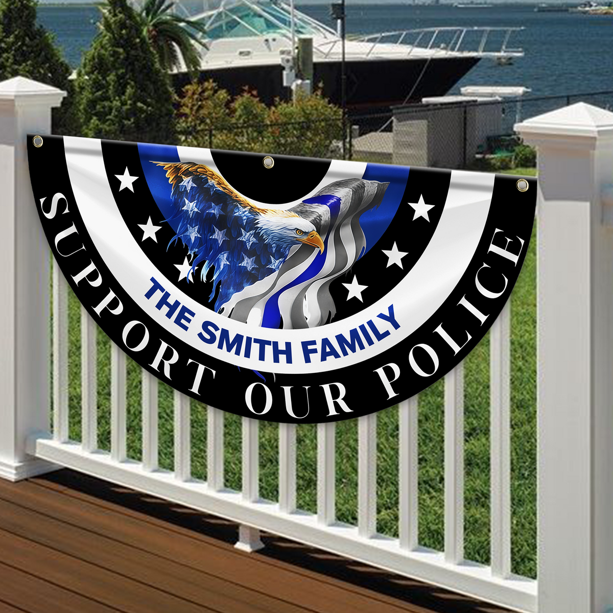 Custom Family Name American Flag Thin Blue Line Eagle Back Non-Pleated Fan Flag LM32 897803