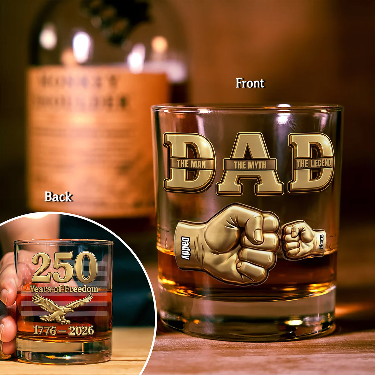 Custom Name Dad The Man The Myth The Legend US 250 Years Of Freedom 1776 - 2026 Whiskey Glass CH07 911480