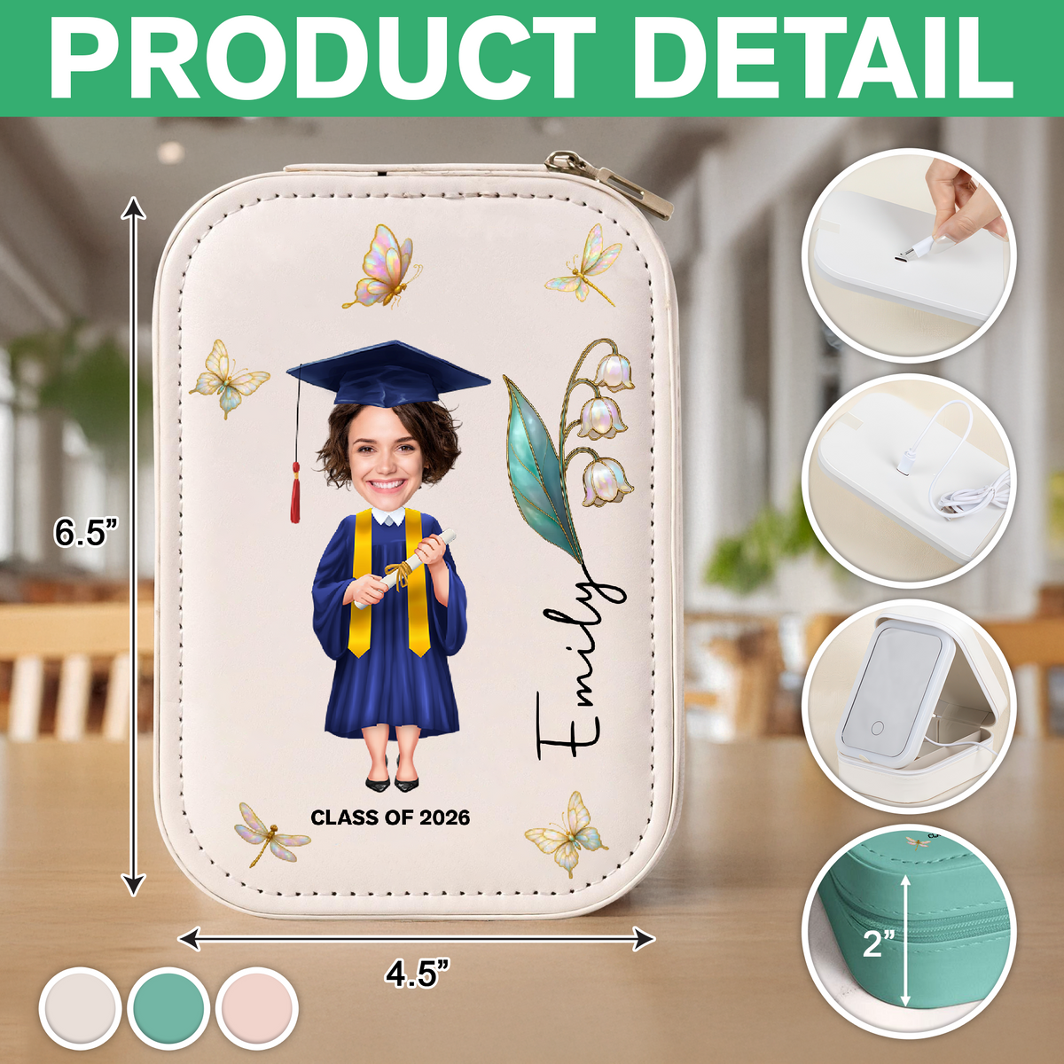Custom Face Photo Graduation With Flower On Makeup Box With LED TH10 896601