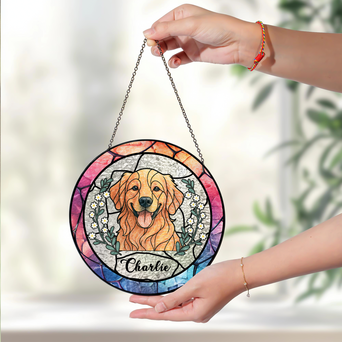 Custom Dog Portrait Photo With Sunflower Memorial Stained Glass Suncatcher, Sympathy Gifts, Pet Loss Gift HO82 894330
